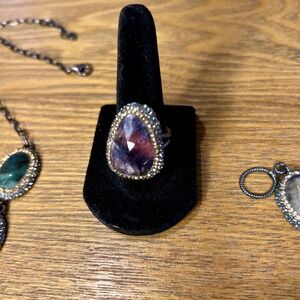 Elegant ring, raw gemstone with 2 tone crystal halo set in oxidized sterling